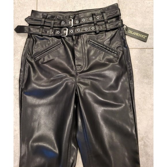 New Blank NYC Black Faux Leather Dbl Belted Pants High Rise Straight  Sz 24 Goth - Picture 2 of 6